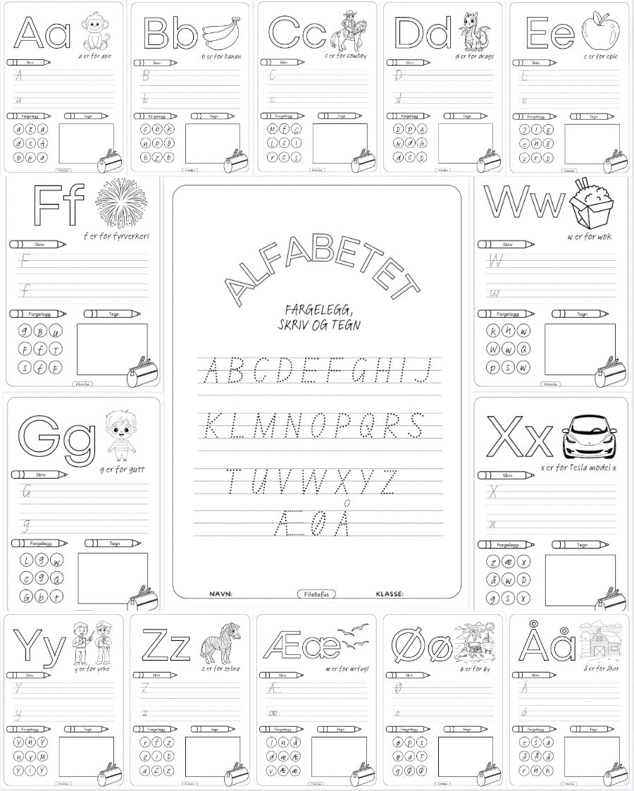 Alfabetet - Fargelegg, skriv og tegn HEFTE